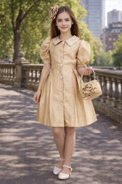 Kız Çocuk Yakası İnci Taş İşlemeli Düğmeli Karpuz Kollu Saten Gold Elbise