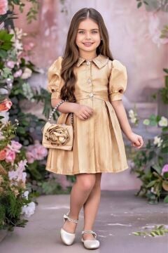 Kız Çocuk Yakası İnci Taş İşlemeli Düğmeli Karpuz Kollu Saten Gold Elbise
