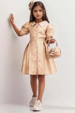 Kız Çocuk Yakası İnci Taş İşlemeli Düğmeli Karpuz Kollu Saten Gold Elbise