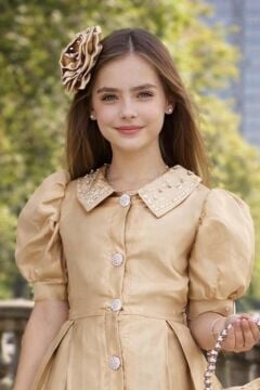 Kız Çocuk Yakası İnci Taş İşlemeli Düğmeli Karpuz Kollu Saten Gold Elbise