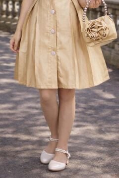 Kız Çocuk Yakası İnci Taş İşlemeli Düğmeli Karpuz Kollu Saten Gold Elbise