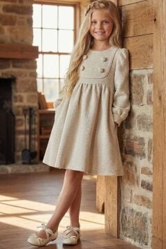 Kız Çocuk Yaka ve Düğme Detaylı Bilekleri Manşetli Pliseli Bej Şanel Elbise
