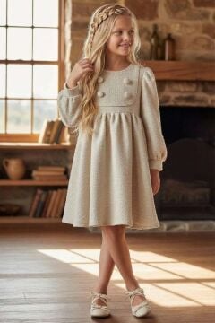 Kız Çocuk Yaka ve Düğme Detaylı Bilekleri Manşetli Pliseli Bej Şanel Elbise