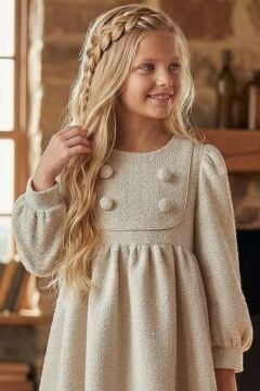 Kız Çocuk Yaka ve Düğme Detaylı Bilekleri Manşetli Pliseli Bej Şanel Elbise