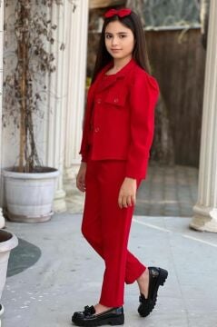 Kız Çocuk Kolsuz Penye Gömlek Cep Detaylı Blazer Ceket Kemerli Pantolon Kırmızı Alt Üst Takım