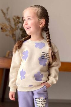 Kız Çocuk Pano Çiçek Baskı Bisiklet Yaka Kazak Lila Eşofman Takım