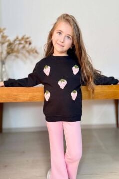 Kız Çocuk Üzeri Çilek Figürlü 3 İplik Kazak Bol Kesim Skuba Kumaş Pembe Alt Üst Takım