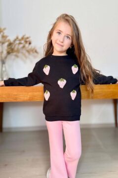 Kız Çocuk Üzeri Çilek Figürlü 3 İplik Kazak Bol Kesim Skuba Kumaş Pembe Alt Üst Takım