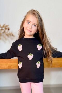 Kız Çocuk Üzeri Çilek Figürlü 3 İplik Kazak Bol Kesim Skuba Kumaş Pembe Alt Üst Takım