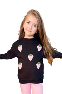 Kız Çocuk Üzeri Çilek Figürlü 3 İplik Kazak Bol Kesim Skuba Kumaş Pembe Alt Üst Takım