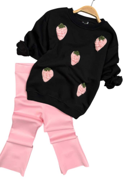 Kız Çocuk Üzeri Çilek Figürlü 3 İplik Kazak Bol Kesim Skuba Kumaş Pembe Alt Üst Takım