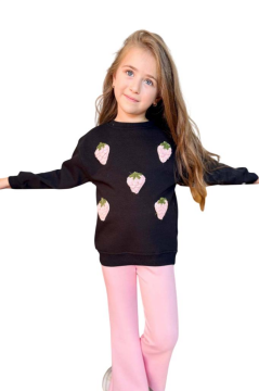 Kız Çocuk Üzeri Çilek Figürlü 3 İplik Kazak Bol Kesim Skuba Kumaş Pembe Alt Üst Takım