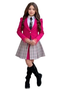 Kız Çocuk Blazer Ceket, Kravat Çizgili Fuşya Etekli Takım