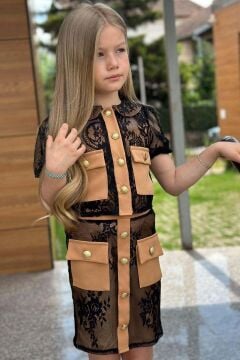 Kız Çocuk Üzeri Dantel İşlemeli Cep Detaylı Şeffaf Kumaş Astarlı Kahverengi Etekli Takım