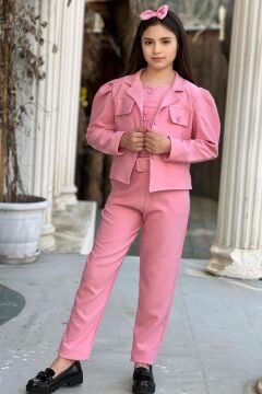 Kız Çocuk Kolsuz Penye Gömlek Cep Detaylı Blazer Ceket Kemerli Pantolon Pembe Alt Üst Takım