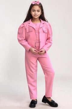Kız Çocuk Kolsuz Penye Gömlek Cep Detaylı Blazer Ceket Kemerli Pantolon Pembe Alt Üst Takım