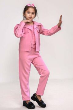 Kız Çocuk Kolsuz Penye Gömlek Cep Detaylı Blazer Ceket Kemerli Pantolon Pembe Alt Üst Takım