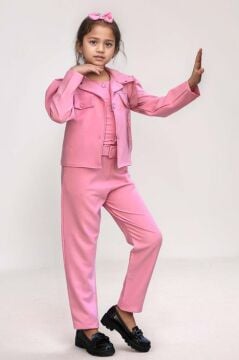 Kız Çocuk Kolsuz Penye Gömlek Cep Detaylı Blazer Ceket Kemerli Pantolon Pembe Alt Üst Takım