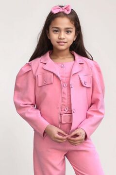 Kız Çocuk Kolsuz Penye Gömlek Cep Detaylı Blazer Ceket Kemerli Pantolon Pembe Alt Üst Takım