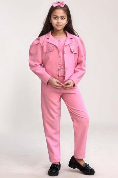 Kız Çocuk Kolsuz Penye Gömlek Cep Detaylı Blazer Ceket Kemerli Pantolon Pembe Alt Üst Takım