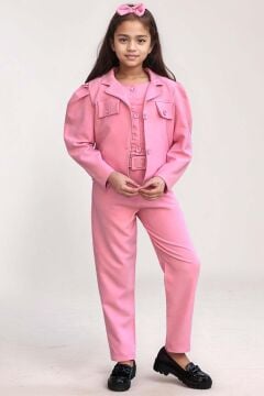 Kız Çocuk Kolsuz Penye Gömlek Cep Detaylı Blazer Ceket Kemerli Pantolon Pembe Alt Üst Takım