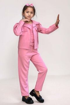 Kız Çocuk Kolsuz Penye Gömlek Cep Detaylı Blazer Ceket Kemerli Pantolon Pembe Alt Üst Takım