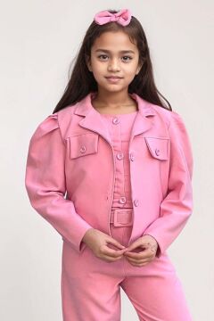 Kız Çocuk Kolsuz Penye Gömlek Cep Detaylı Blazer Ceket Kemerli Pantolon Pembe Alt Üst Takım