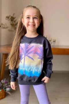 Kız Çocuk Palmiye ve Yazı Baskılı Kazak Fitilli Mor Taytlı Takım