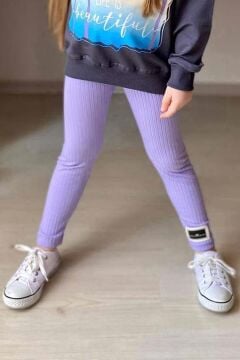 Kız Çocuk Palmiye ve Yazı Baskılı Kazak Fitilli Mor Taytlı Takım