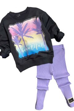 Kız Çocuk Palmiye ve Yazı Baskılı Kazak Fitilli Mor Taytlı Takım