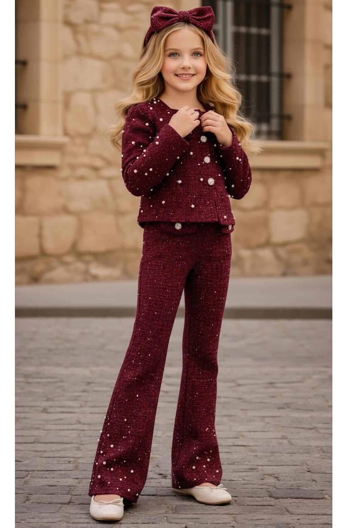 Kız Çocuk Üzeri İnci İşlemeli Cep Detaylı Ceket, Paçaları İnci Detaylı Triko Bordo Alt Üst Takım