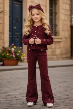 Kız Çocuk Üzeri İnci İşlemeli Cep Detaylı Ceket, Paçaları İnci Detaylı Triko Bordo Alt Üst Takım
