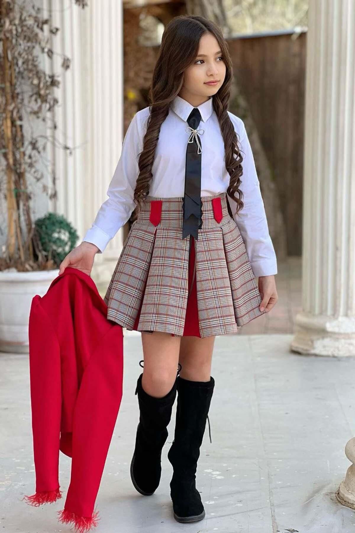 Kız Çocuk Blazer Ceket, Kravat Çizgili Kırmızı Etekli Takım