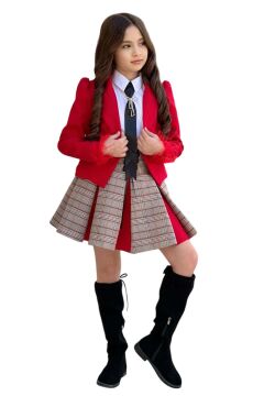 Kız Çocuk Blazer Ceket, Kravat Çizgili Kırmızı Etekli Takım