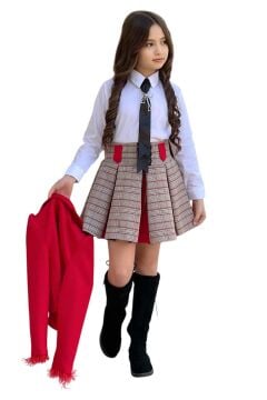 Kız Çocuk Blazer Ceket, Kravat Çizgili Kırmızı Etekli Takım