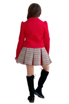 Kız Çocuk Blazer Ceket, Kravat Çizgili Kırmızı Etekli Takım