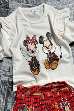 Kız Çocuk Omzu Fırfırlı Mickey ve Minnie Baskılı Beyaz Bluz Etekli Takım