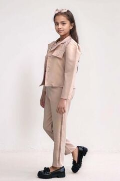 Kız Çocuk Kolsuz Penye Gömlek Cep Detaylı Blazer Ceket Kemerli Pantolon Krem Alt Üst Takım