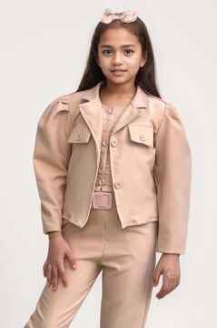 Kız Çocuk Kolsuz Penye Gömlek Cep Detaylı Blazer Ceket Kemerli Pantolon Krem Alt Üst Takım
