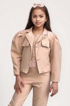 Kız Çocuk Kolsuz Penye Gömlek Cep Detaylı Blazer Ceket Kemerli Pantolon Krem Alt Üst Takım