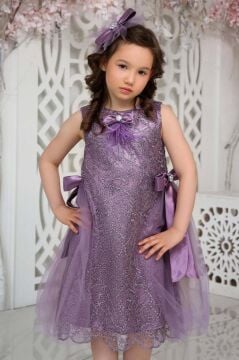 Kız Çocuk Beli Kurdela Detaylı Üzeri Yaprak Dantelli İçi Astarlı Lila Elbise