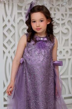 Kız Çocuk Beli Kurdela Detaylı Üzeri Yaprak Dantelli İçi Astarlı Lila Elbise