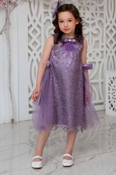 Kız Çocuk Beli Kurdela Detaylı Üzeri Yaprak Dantelli İçi Astarlı Lila Elbise