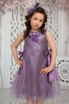 Kız Çocuk Beli Kurdela Detaylı Üzeri Yaprak Dantelli İçi Astarlı Lila Elbise
