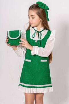 Kız Çocuk Kolları ve Yakası Şifon Etek Ucu Fırfırlı İnci İşlemeli Çift Cepli Yeşil Triko Elbise
