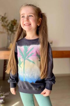 Kız Çocuk Palmiye ve Yazı Baskılı Kazak Fitilli Yeşil Taytlı Takım