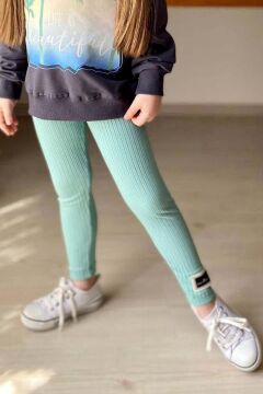 Kız Çocuk Palmiye ve Yazı Baskılı Kazak Fitilli Yeşil Taytlı Takım