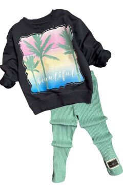 Kız Çocuk Palmiye ve Yazı Baskılı Kazak Fitilli Yeşil Taytlı Takım