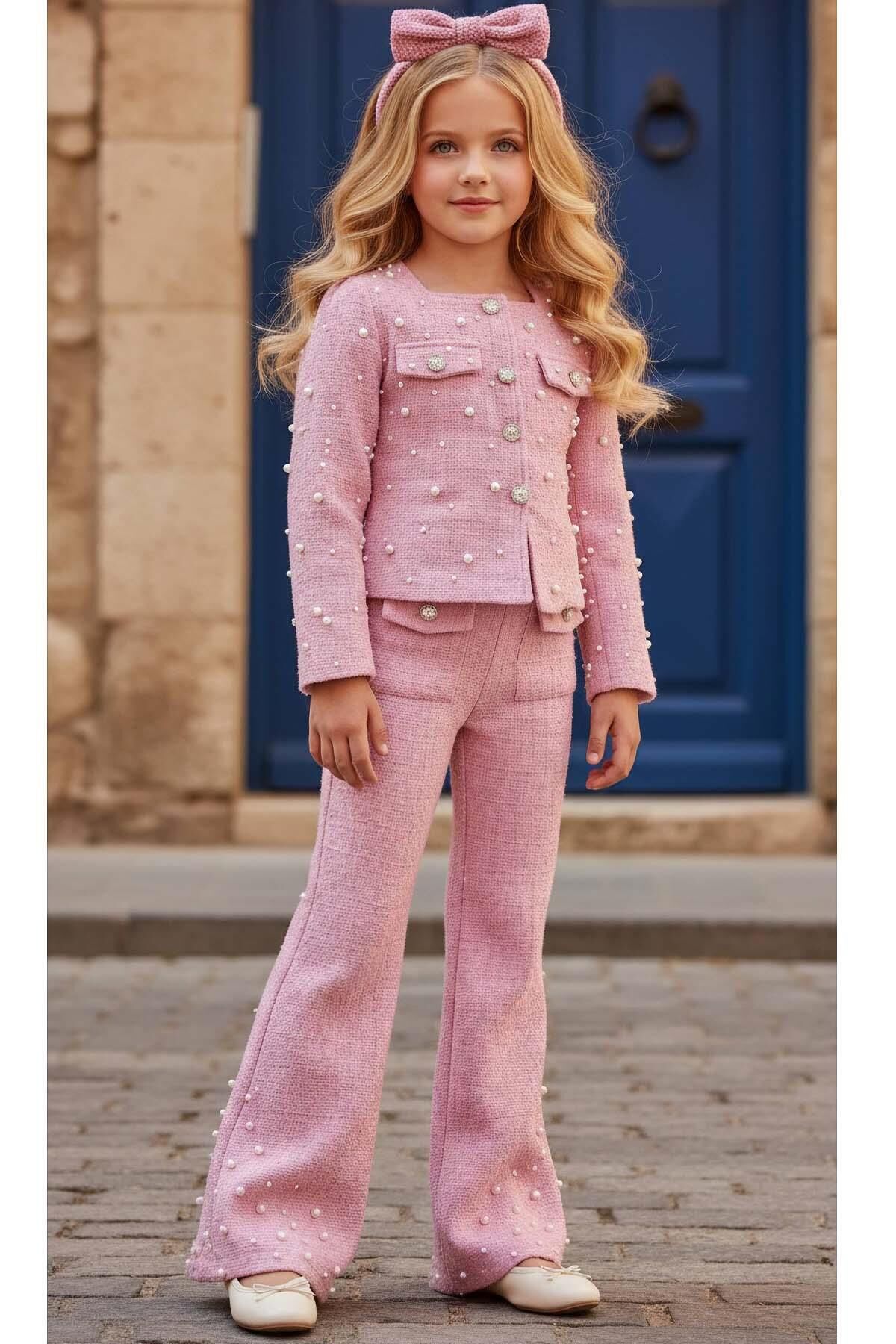 Kız Çocuk Üzeri İnci İşlemeli Cep Detaylı Ceket, Paçaları İnci Detaylı Triko Pembe Alt Üst Takım