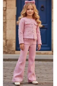 Kız Çocuk Üzeri İnci İşlemeli Cep Detaylı Ceket, Paçaları İnci Detaylı Triko Pembe Alt Üst Takım